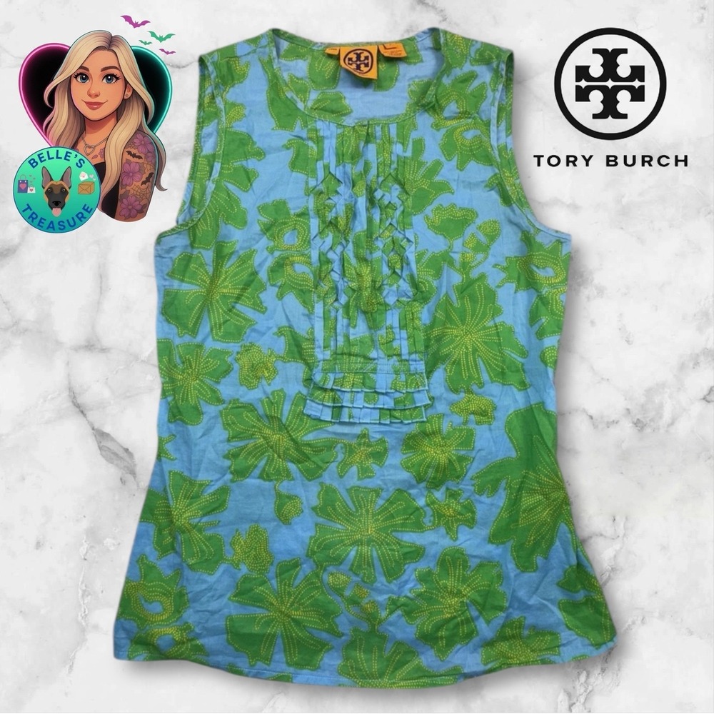 Tory Burch‎ Sleeveless Floral Ruffle Blouse Blue Green Women's Size 8